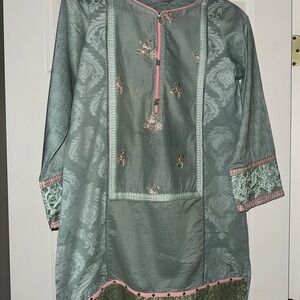 Maria B. Elegant Floral Embroidered Tunic - Green and Pink.